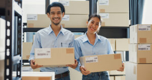 two happy asian business success partnership man and woman wear